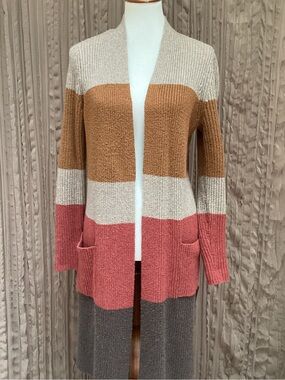 LOFT Striped, Ribbed, Open-Front Long Cardigan, side slits, pockets, Medium